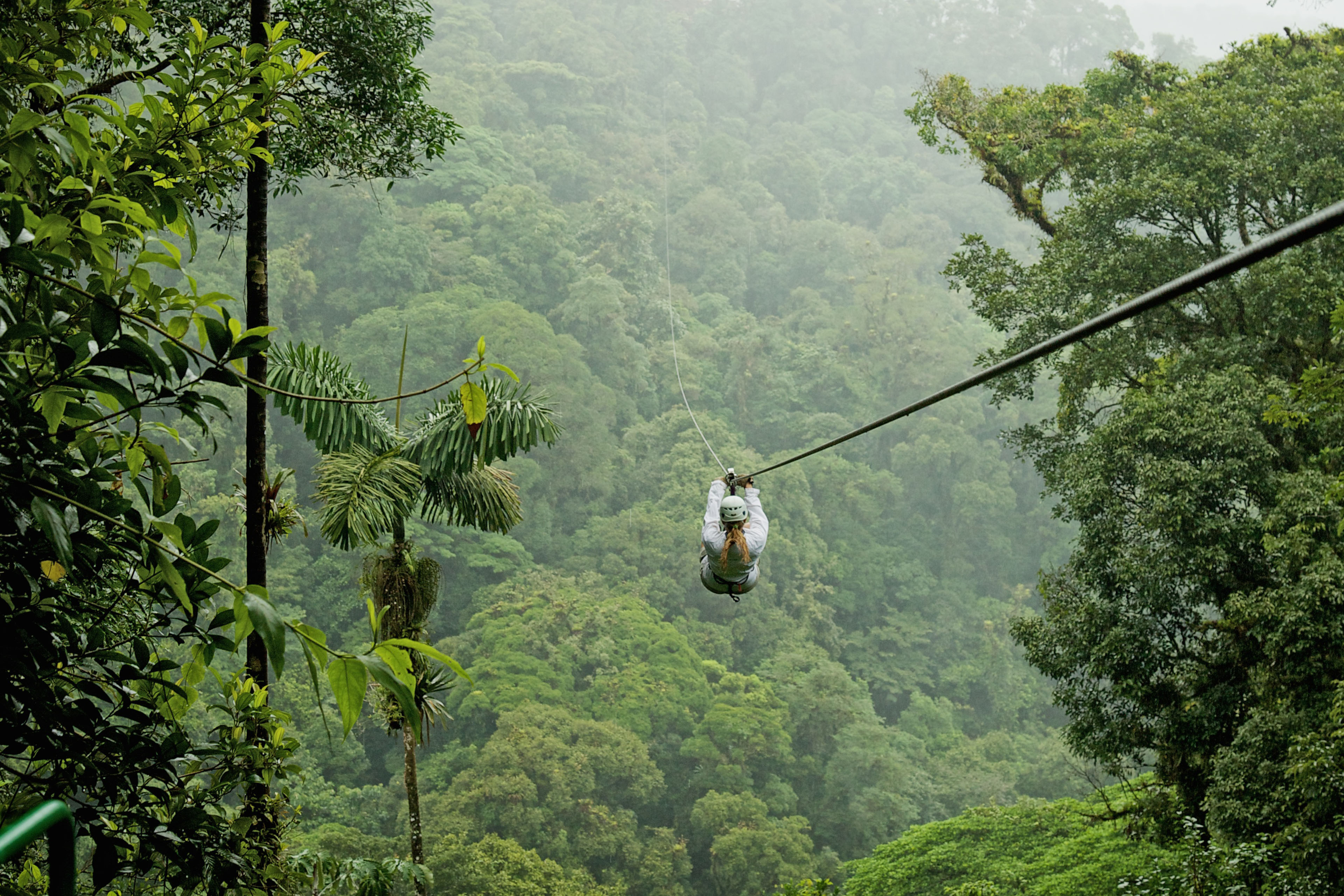 A person zip lining above a forest in Costa Rica. A person zip lining above a forest in Costa Rica