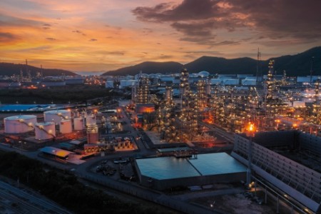 Aerial view oil refinery at dusk for oil or gas industry