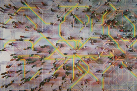 Abstract crowds of people with virtual reality street display meta data image