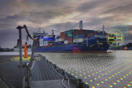 Port Worker watching Ship Coming Into Port