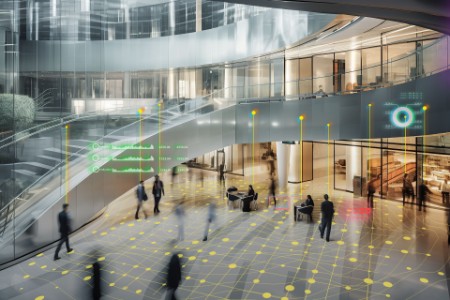Top view Long exposure shot of modern office lobby with business people walking