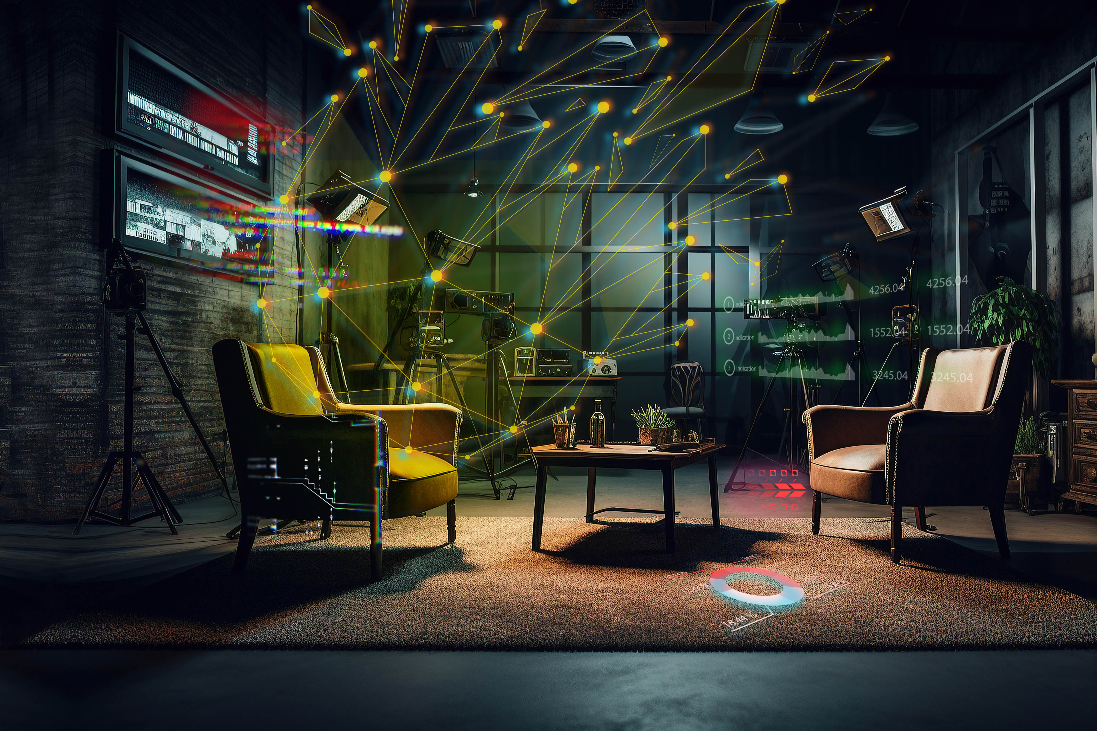 Two comfortable chairs with cameras, lights and microphones in an empty studio Two comfortable chairs with cameras, lights and microphones in an empty studio
