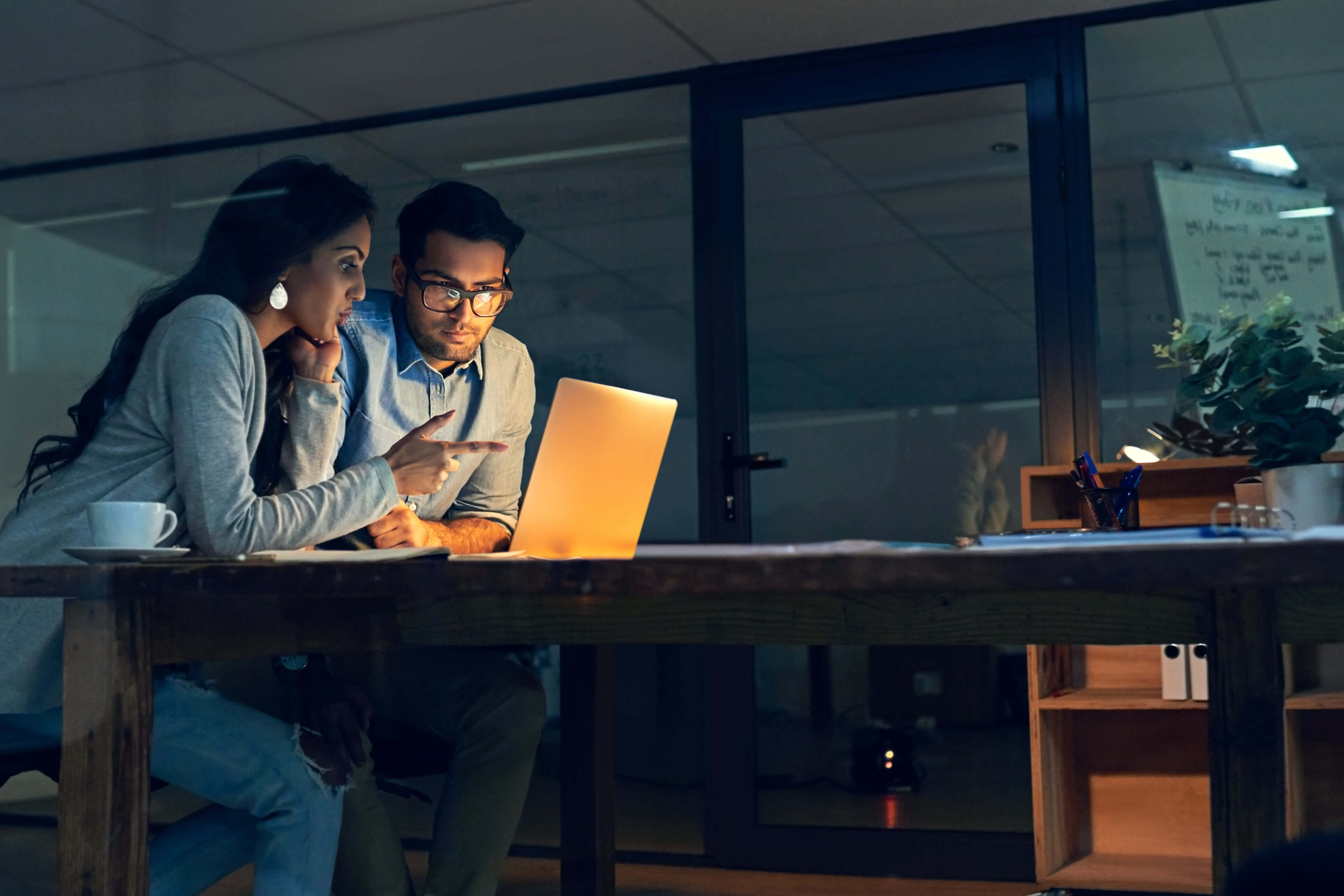 A team discussing at night