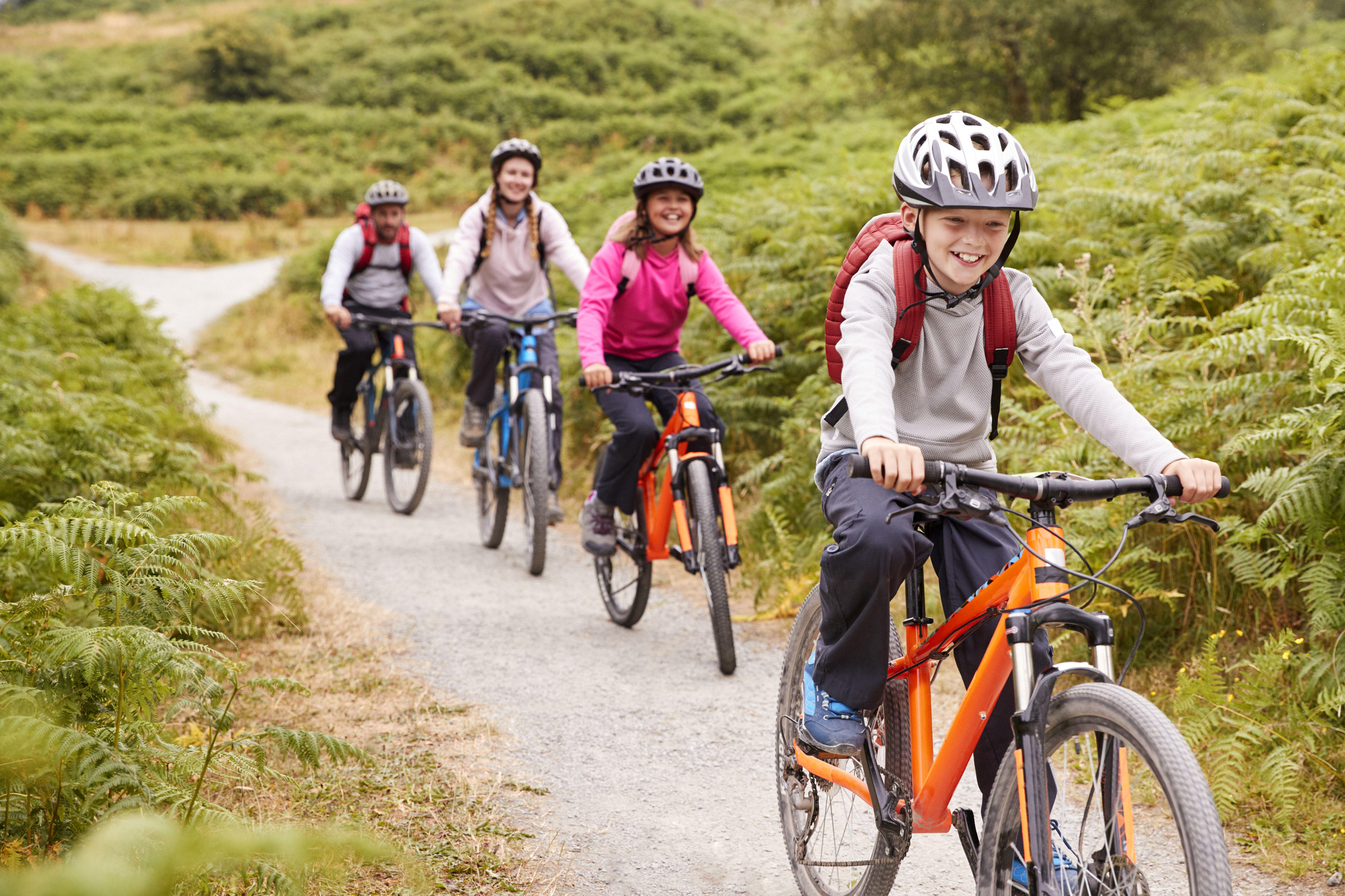 Family of four riding bicycles Family of four riding bicycles